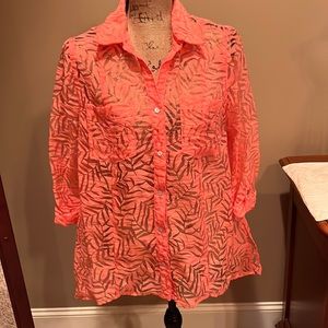 RUBY RD PETITE WOMENS BLOUSE IN SZ PL PETITE…GENTLY WORN…TANGERINE COLOR.